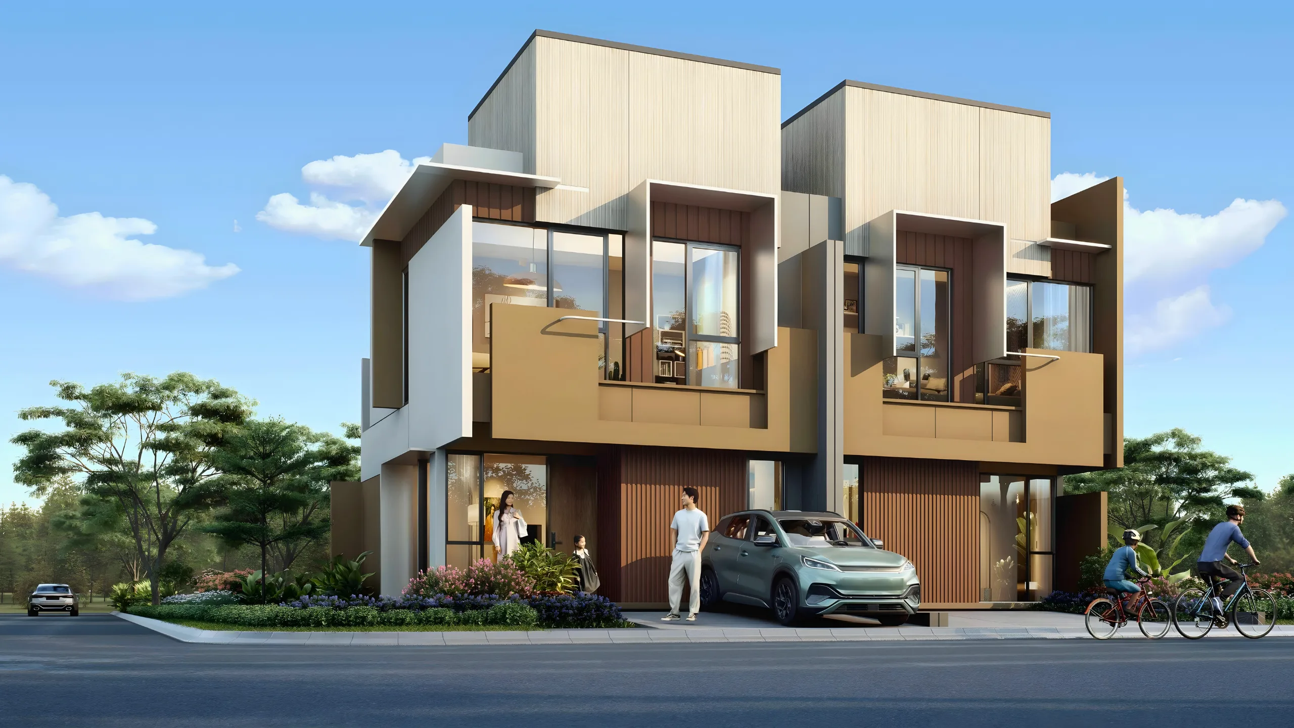 Tampak depan-IZZI BSD City-Tangerang-Rumah Minimalis-Rumah bergaya japanese skandinavia-Rumah dua lantai-rumah bebas banjir-rumah di kawasan hijau.